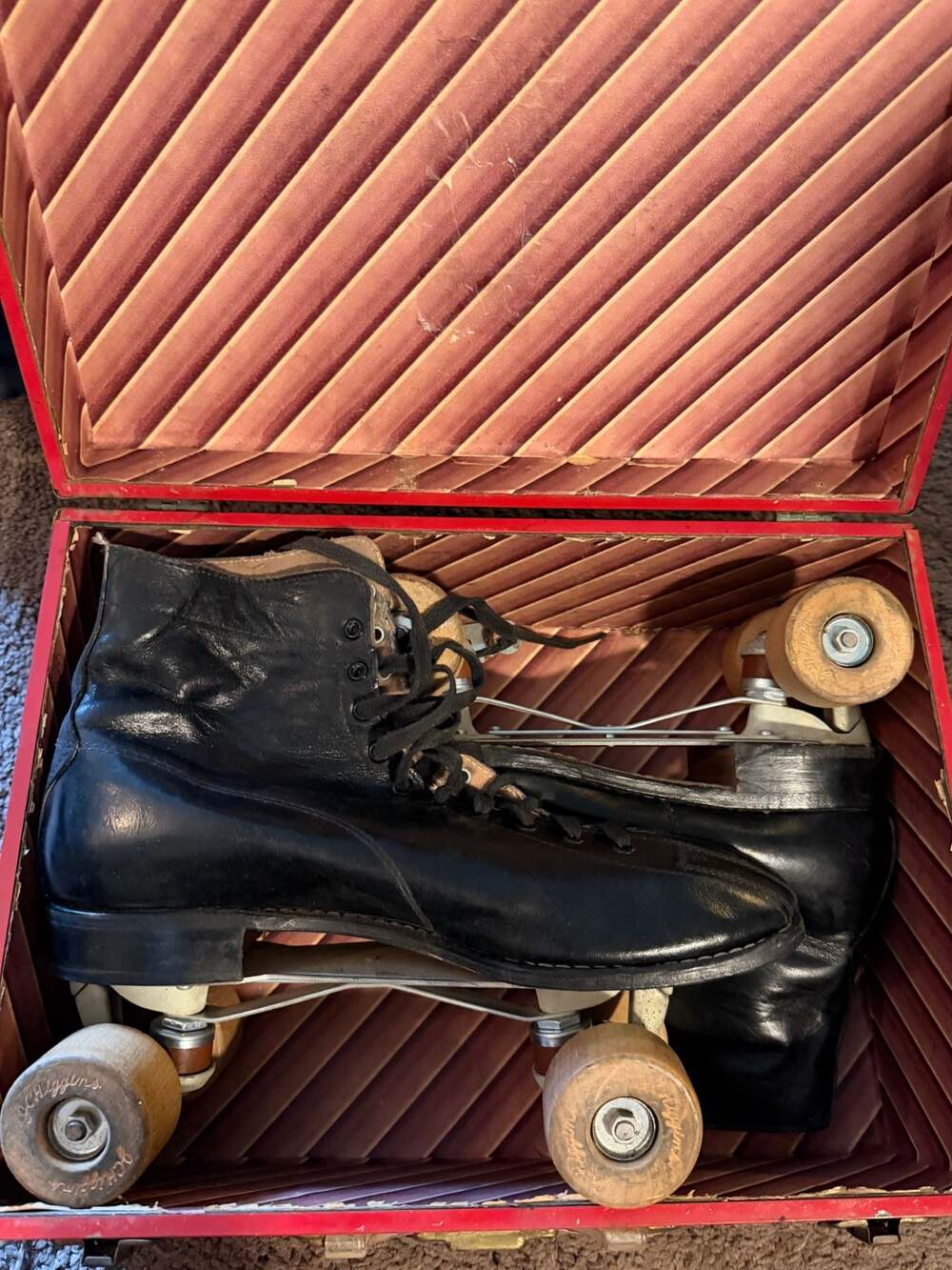 Vintage 1950s J.C. Higgins Roller Skates w/ Original Wood Wheels & Metal Case